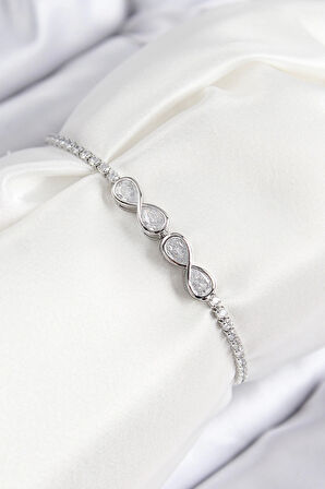 HEYF Pirinç Zirkon Taşlı Sonsuzluk Model Gümüş Renk Asansörlü Kadın Bileklik