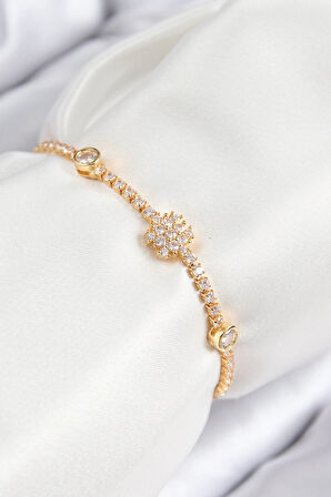 HEYF Pirinç Zirkon Taşlı Kar Tanesi Model Gold Renk Asansörlü Kadın Bileklik