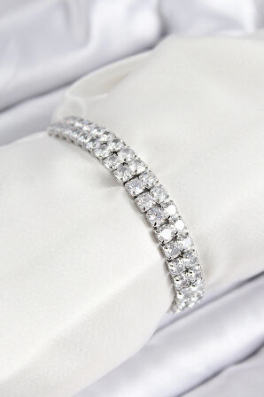 HEYF Pirinç Zirkon Taşlı Çift Sıra Kare Model Gümüş Renk Asansörlü Kadın Bileklik