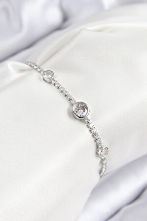 HEYF Pirinç Zirkon Taşlı Daire Model Gümüş Renk Asansörlü Kadın Bileklik