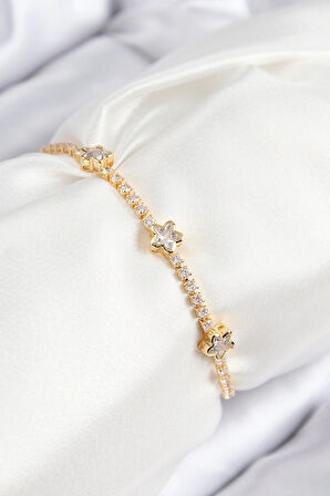 HEYF Pirinç Zirkon Taşlı Yıldız Model Gold Renk Asansörlü Kadın Bileklik