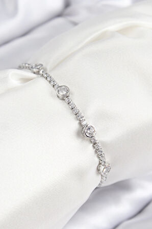 HEYF Pirinç Zirkon Taşlı Daire Model Gümüş Renk Asansörlü Kadın Bileklik