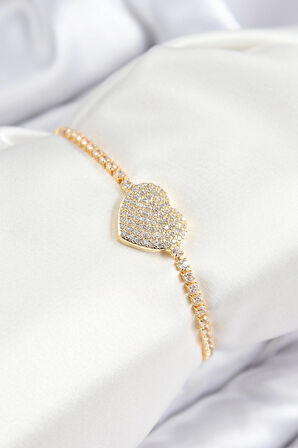 HEYF Pirinç Zirkon Taşlı Kalp Model Gold Renk Asansörlü Kadın Bileklik