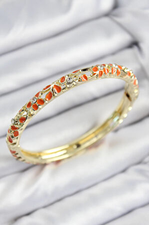 HEYF Mineli Pirinç Zirkon Taşlı Turuncu Çiçek Motifli Gold Kadın Kelepçe