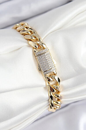 HEYF VIP Pirinç Zirkon Taşlı Klasik Zincir Model Gold Renk Kadın Bileklik