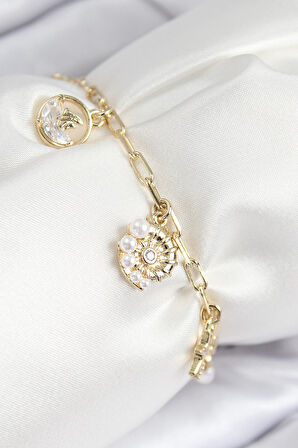 HEYF Pirinç Zirkon Taşlı Deniz Kabuğu Model Gold Renk Kadın Bileklik