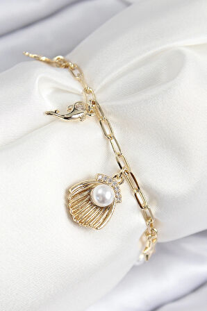 HEYF Pirinç Zirkon Taşlı İncili İstiridye Model Gold Renk Kadın Bileklik