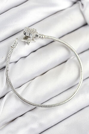 HEYF Pirinç Charm Zirkon Taşlı Yıldız Model Gümüş Renk Kadın Bileklik