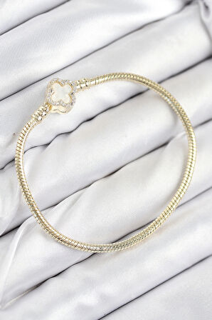 HEYF Pirinç Charm Zirkon Taşlı Yonca Model Gold Renk Kadın Bileklik