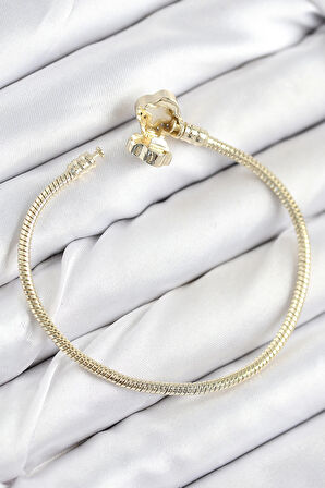HEYF Pirinç Charm Zirkon Taşlı Yonca Model Gold Renk Kadın Bileklik