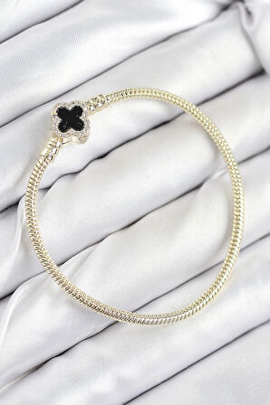 HEYF Pirinç Charm Zirkon Taşlı Yonca Model Gold Renk Kadın Bileklik