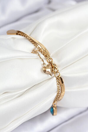 HEYF 316L Çelik Nazar Boncuk Detaylı Mavi Zirkon Taşlı Model İtalyan Zincir Gold Renk Kadın Bileklik