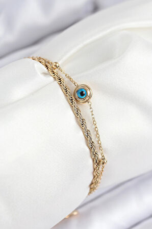 HEYF 316L Çelik Nazar Boncuk Model Burgu Zincir Gold Renk Kadın Bileklik