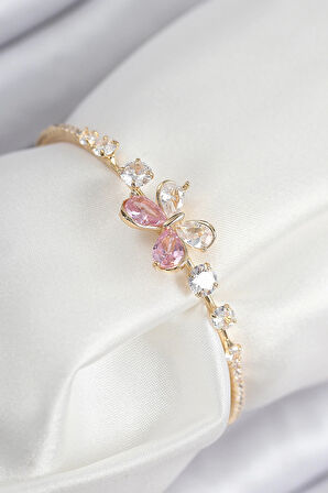 HEYF Pirinç Zirkon Taşlı Kelebek Model Gold Renk Kadın Bileklik