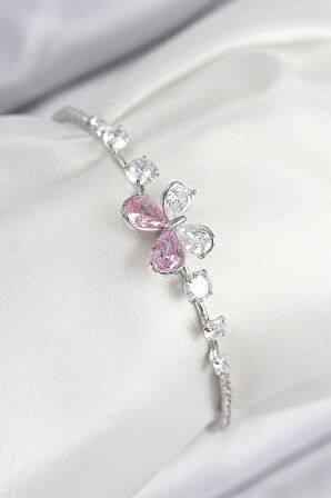 HEYF Pirinç Zirkon Taşlı Kelebek Model Gümüş Renk Kadın Bileklik