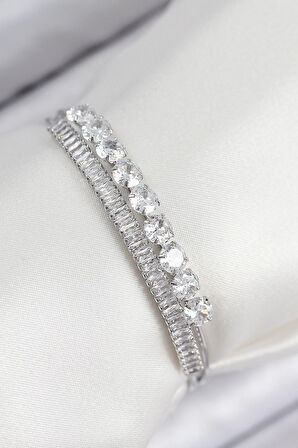 HEYF Pirinç Zirkon Taşlı Su Yolu Model Gümüş Renk Kadın Bileklik