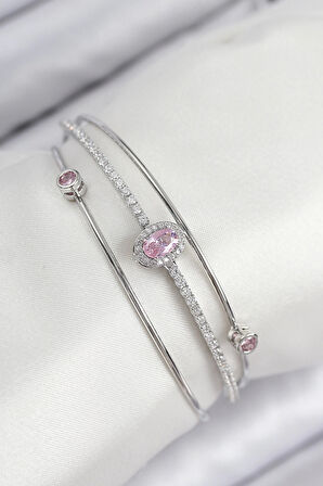 HEYF Pirinç Zirkon Taşlı Baget Model Gümüş Renk Kadın Bileklik