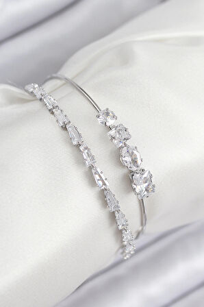 HEYF Pirinç Zirkon Taşlı Su Yolu Model Gümüş Renk Kadın Bileklik