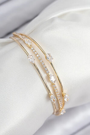 HEYF Pirinç Zirkon Taşlı Su Yolu Model Gold Renk Kadın Bileklik