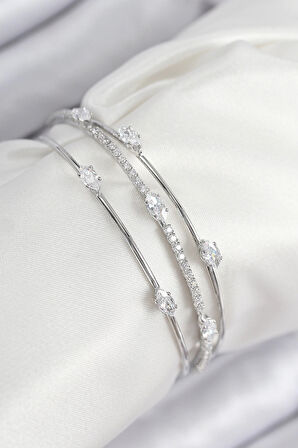 HEYF Pirinç Zirkon Taşlı Su Yolu Model Gümüş Renk Kadın Bileklik