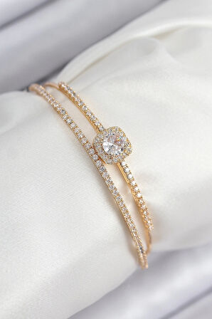 HEYF Pirinç Zirkon Taşlı Baget Model Gold Renk Kadın Bileklik