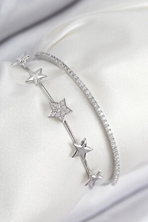 HEYF Pirinç Zirkon Taşlı Yıldız Model Gümüş Renk Kadın Bileklik