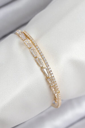 HEYF Pirinç Zirkon Taşlı Su Yolu Model Gold Renk Kadın Bileklik