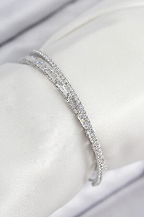 HEYF Pirinç Zirkon Taşlı Su Yolu Model Gümüş Renk Kadın Bileklik