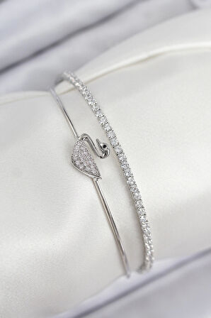 HEYF Pirinç Zirkon Taşlı Kuğu Model Gümüş Renk Kadın Bileklik