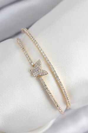 HEYF Pirinç Zirkon Taşlı Kelebek Model Gold Renk Kadın Bileklik