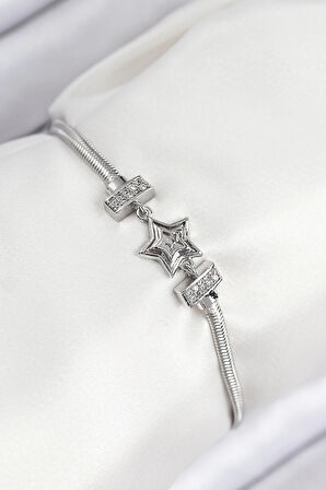 HEYF Pirinç Zirkon Taşlı Yıldız Model Gümüş Renk Kadın Bileklik