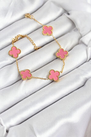 HEYF 316L Çelik Gold Zincir Pembe Yonca Renk Bileklik