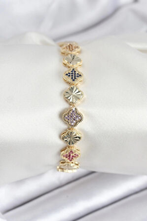 HEYF Pirinç VIP Seri Yonca Zirkon Taşlı Kadın Bileklik