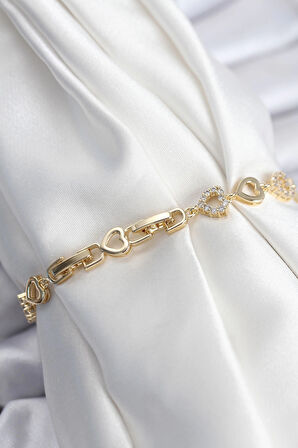 HEYF Pirinç VIP Seri Gold Renk Sıralı Kalp Model Kadın Bileklik