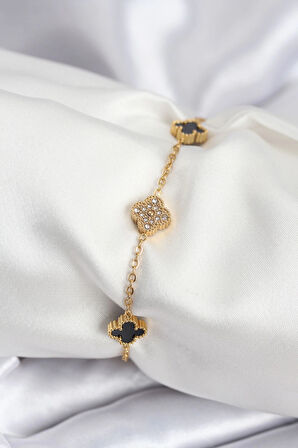 HEYF 316L Çelik Gold Renk Siyah ve Zirkon Taşlı Baby Boy Yonca Kadın Bileklik