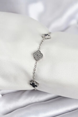 HEYF 316L Çelik Gümüş Renk Siyah ve Zirkon Taşlı Baby Boy Yonca Kadın Bileklik