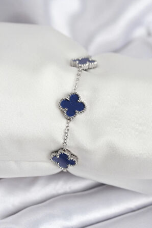 HEYF 316L Çelik Zincir Gümüş Renk Lacivert Yonca Kadın Bileklik