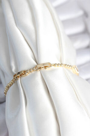 HEYF Pirinç Gold Renk Zirkon Taşlı Kalpli Model Kadın Bileklik