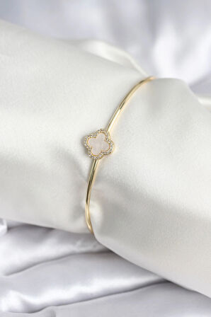 HEYF Beyaz Sedefli Yonca Model Gold Renk Kadın Bileklik