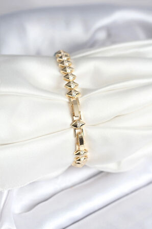 HEYF Pirinç Gold Renk Zirkon Taşlı Baklava Model Kadın Bileklik