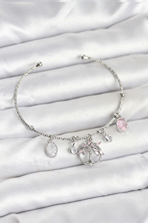 HEYF Hayat Ağacı Charmlı Gümüş Renk Pirinç Kadın Bileklik