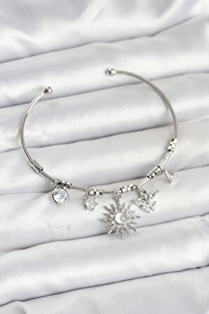 HEYF Güneş Charmlı Gümüş Renk Pirinç Kadın Bileklik