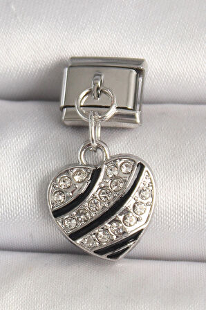 HEYF 316L Çelik Gümüş Renk Zirkon Taşlı Kalp Model Nomination Charm