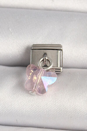 HEYF 316L Çelik Gümüş Renk Pembe Zirkon Taşlı Kelebek Model Nomination Charm