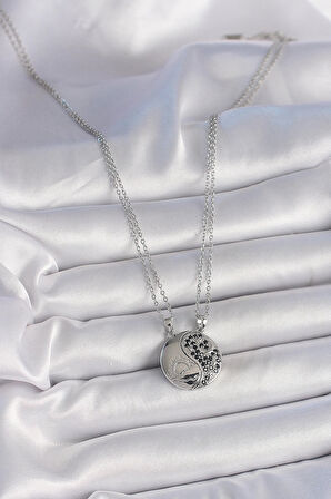 HEYF 316L Çelik Gümüş Renk Zincir Zirkon Taşlı Ying Yang Model Gün Batımı İşlemeli Arakdaşlık Kadın Kolye