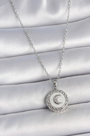 HEYF 316L Çelik Gümüş Renk Zincir Beyaz Mineli Hilal İşlemeli Madalyon Model Kadın Kolye