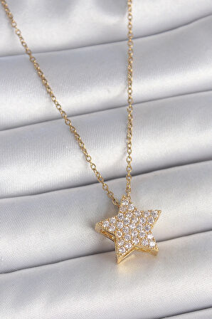 HEYF 316L Çelik Gold Renk Zincir Zirkon Taşlı Yıldız Model Kadın Kolye