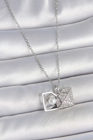 HEYF 316L Çelik Gümüş Renk Zincir Zirkon Taşlı İncili Açılır Elmas Model Kadın Kolye