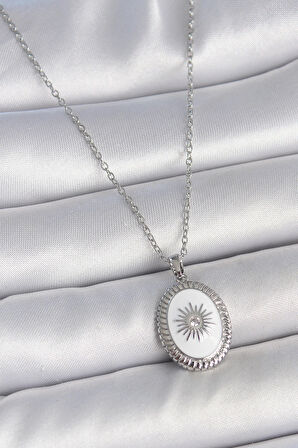 HEYF 316L Çelik Gümüş Renk Beyaz Mineli Güneş İşlemeli Nazar Boncuk Detay Madalyon Model Kadın Kolye