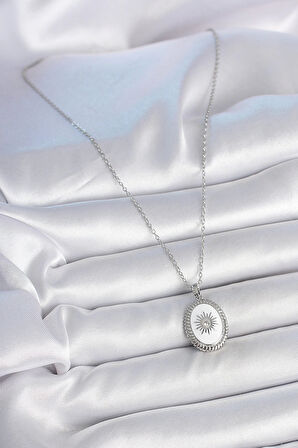 HEYF 316L Çelik Gümüş Renk Beyaz Mineli Güneş İşlemeli Nazar Boncuk Detay Madalyon Model Kadın Kolye